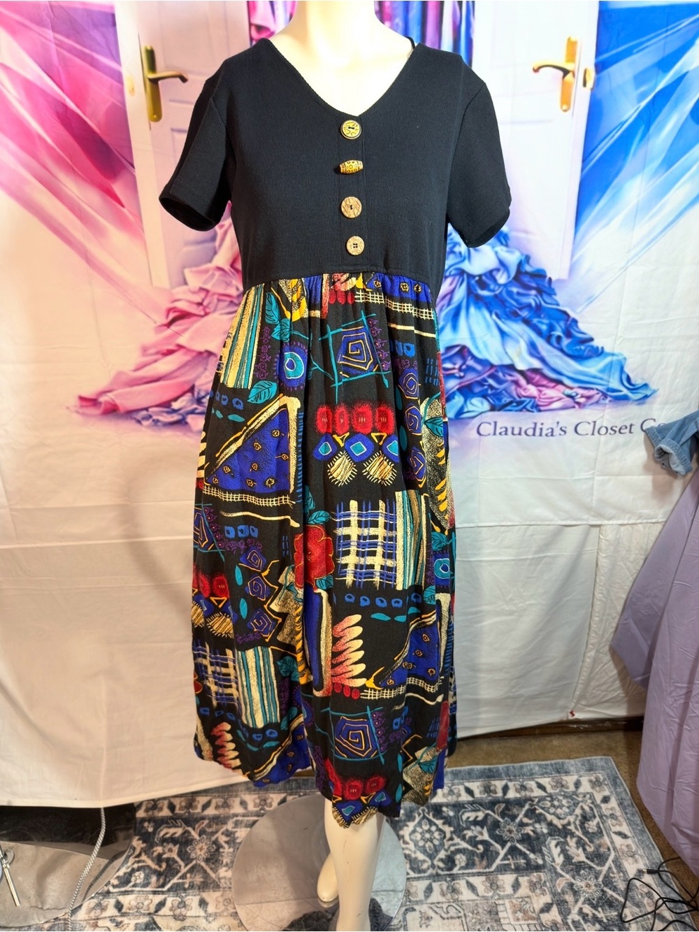 Black Mixed-Print Midi Dress with Button Front